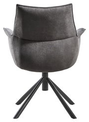 Rückansicht eines modernen grauen Sessels mit schwarzem Metallgestell und vier Beinen.