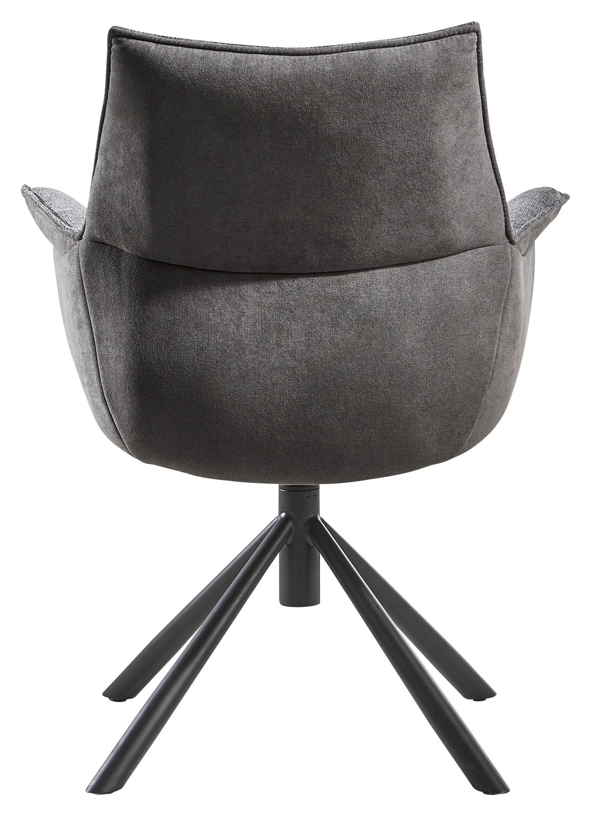 Rückansicht eines modernen grauen Sessels mit schwarzem Metallgestell und vier Beinen.