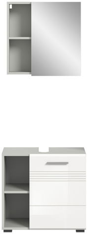 Badkombination bestehend aus einem Spiegelschrank mit Schiebetür und einem Unterschrank mit offenen Regalfächern, frontal abgebildet.