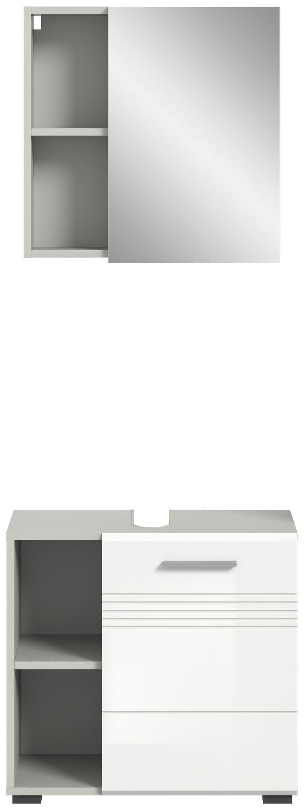 Badkombination bestehend aus einem Spiegelschrank mit Schiebetür und einem Unterschrank mit offenen Regalfächern, frontal abgebildet.