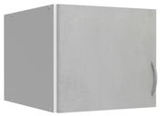 Grauer Schrankaufsatz mit Tür und Griff, seitliche Perspektive