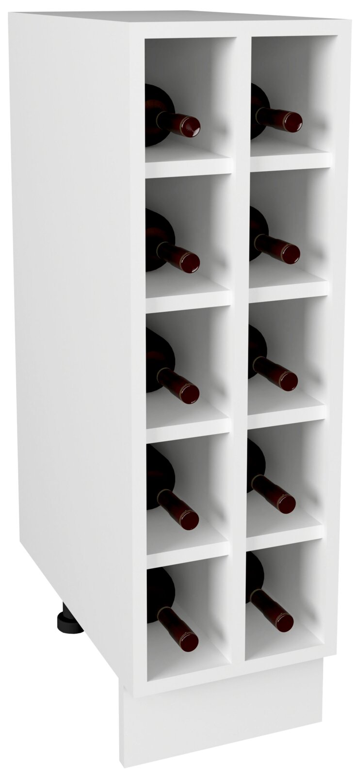 Weißes Weinregal mit 10 Fächern und eingelegten Weinflaschen, schräg von vorne links in leichter Aufsicht dargestellt