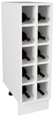 Weißes Weinregal mit 10 Fächern und eingelegten Weinflaschen, schräg von vorne links in leichter Aufsicht dargestellt