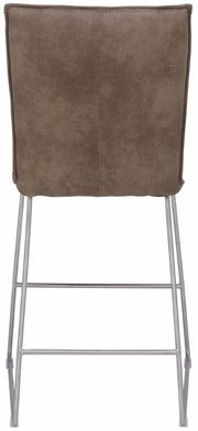 Rückansicht eines Tresenstuhls mit braunem Bezug und Metallgestell