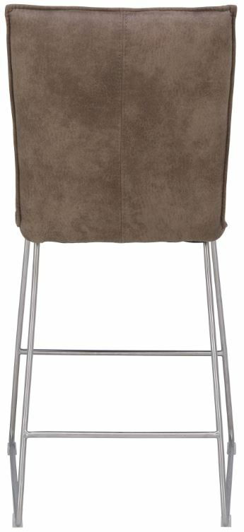 Rückansicht eines Tresenstuhls mit braunem Bezug und Metallgestell