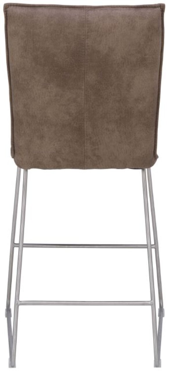 Rückansicht eines Tresenstuhls mit braunem Bezug und Metallgestell