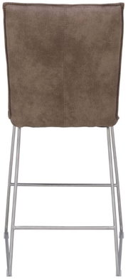 Rückansicht eines Tresenstuhls mit braunem Bezug und Metallgestell