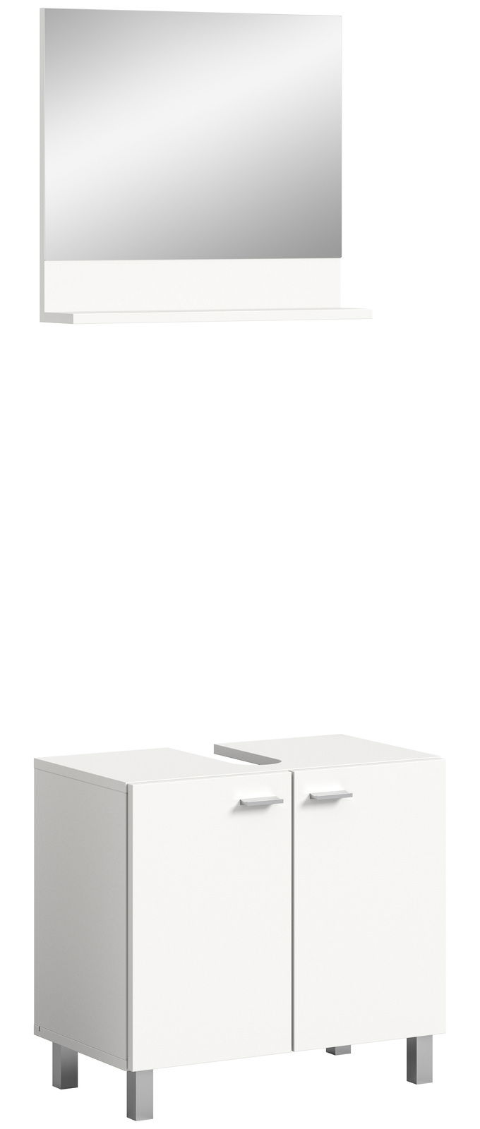 Weißer Waschbeckenunterschrank mit zwei Türen und silbernen Griffen, abgebildet aus einer frontalen Perspektive. Darüber ein rechteckiger Spiegel mit Ablage.