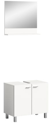 Weißer Waschbeckenunterschrank mit zwei Türen und silbernen Griffen, abgebildet aus einer frontalen Perspektive. Darüber ein rechteckiger Spiegel mit Ablage.
