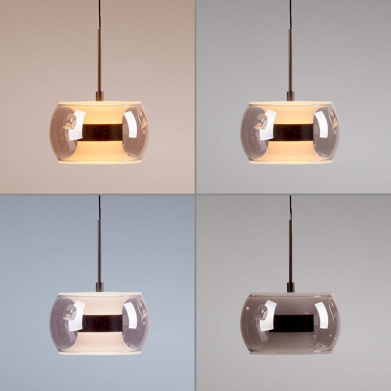 Moderne Pendelleuchte mit rundem, transparent getöntem Glasschirm und warmem Licht, an schwarzem Kabel hängend, frontal in Augenhöhe fotografiert vor neutralem Hintergrund