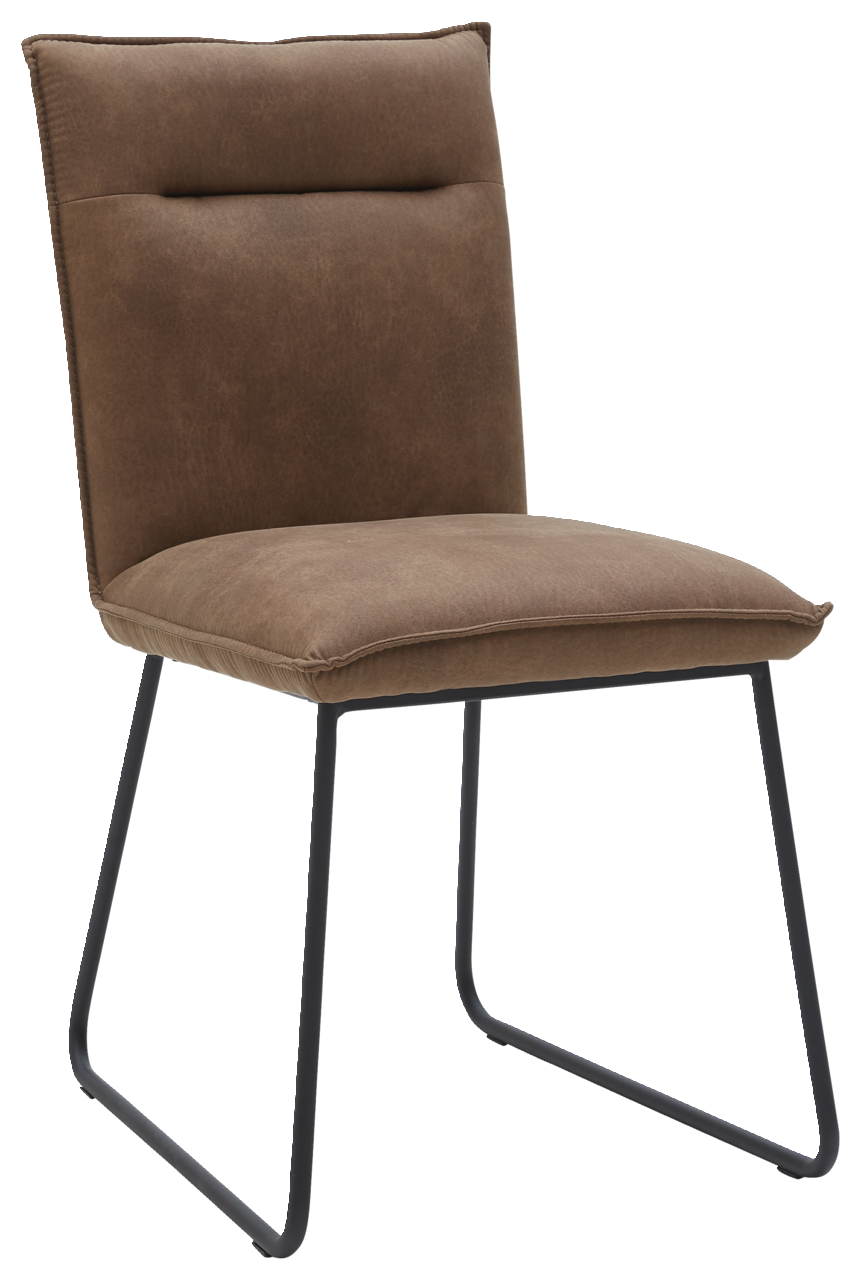 Valnatura Stuhl SCALA Brauner Stuhl mit gepolsterter Sitzfläche und Rückenlehne, schwarzes Metallgestell, seitliche Perspektive