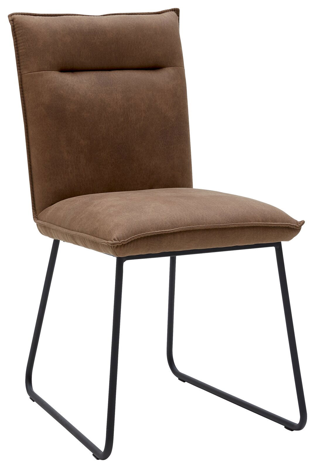 Brauner Stuhl mit gepolsterter Sitzfläche und Rückenlehne, schwarzes Metallgestell, seitliche Perspektive