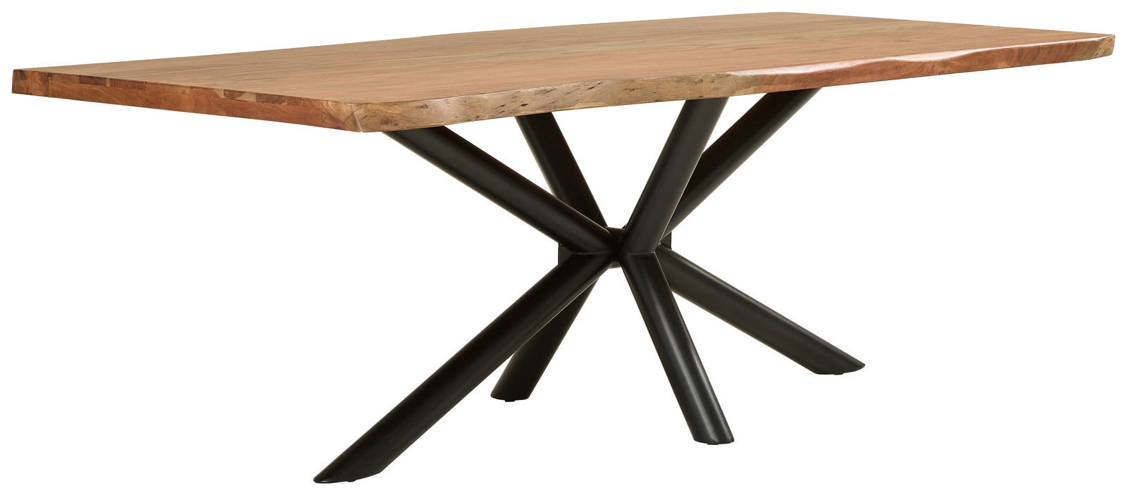 Moderner Esstisch mit Holzplatte und schwarzem Metallgestell, seitliche Perspektive