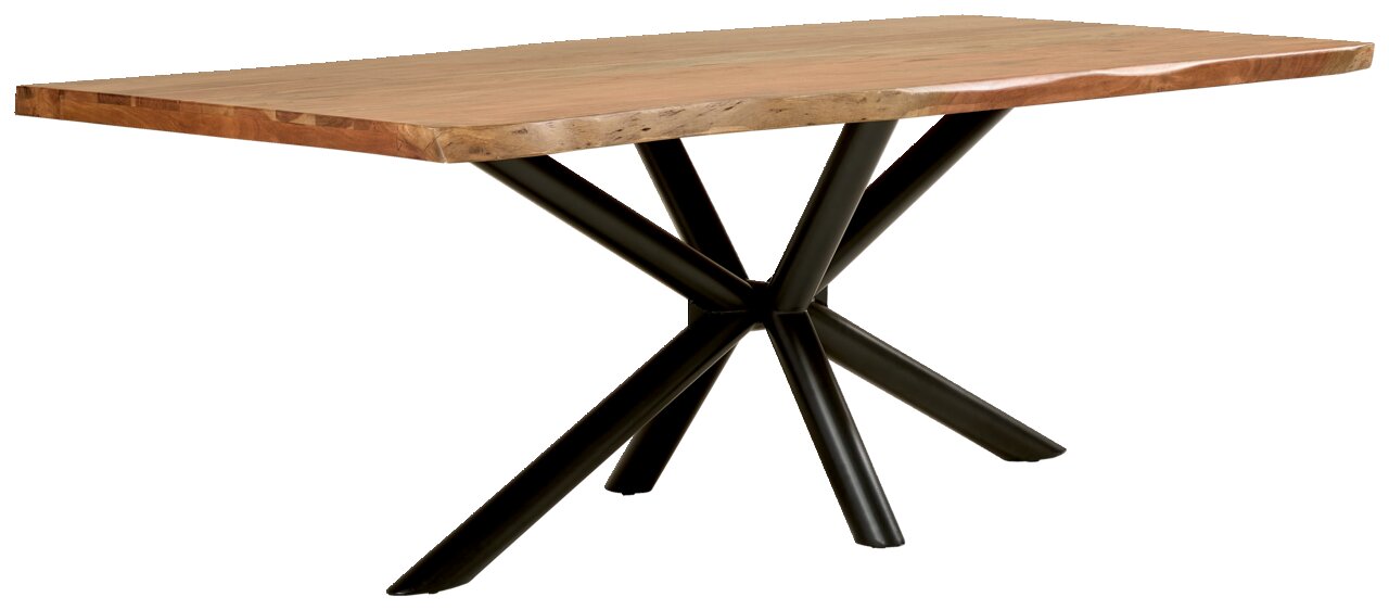 Moderner Esstisch mit Holzplatte und schwarzem Metallgestell, seitliche Perspektive