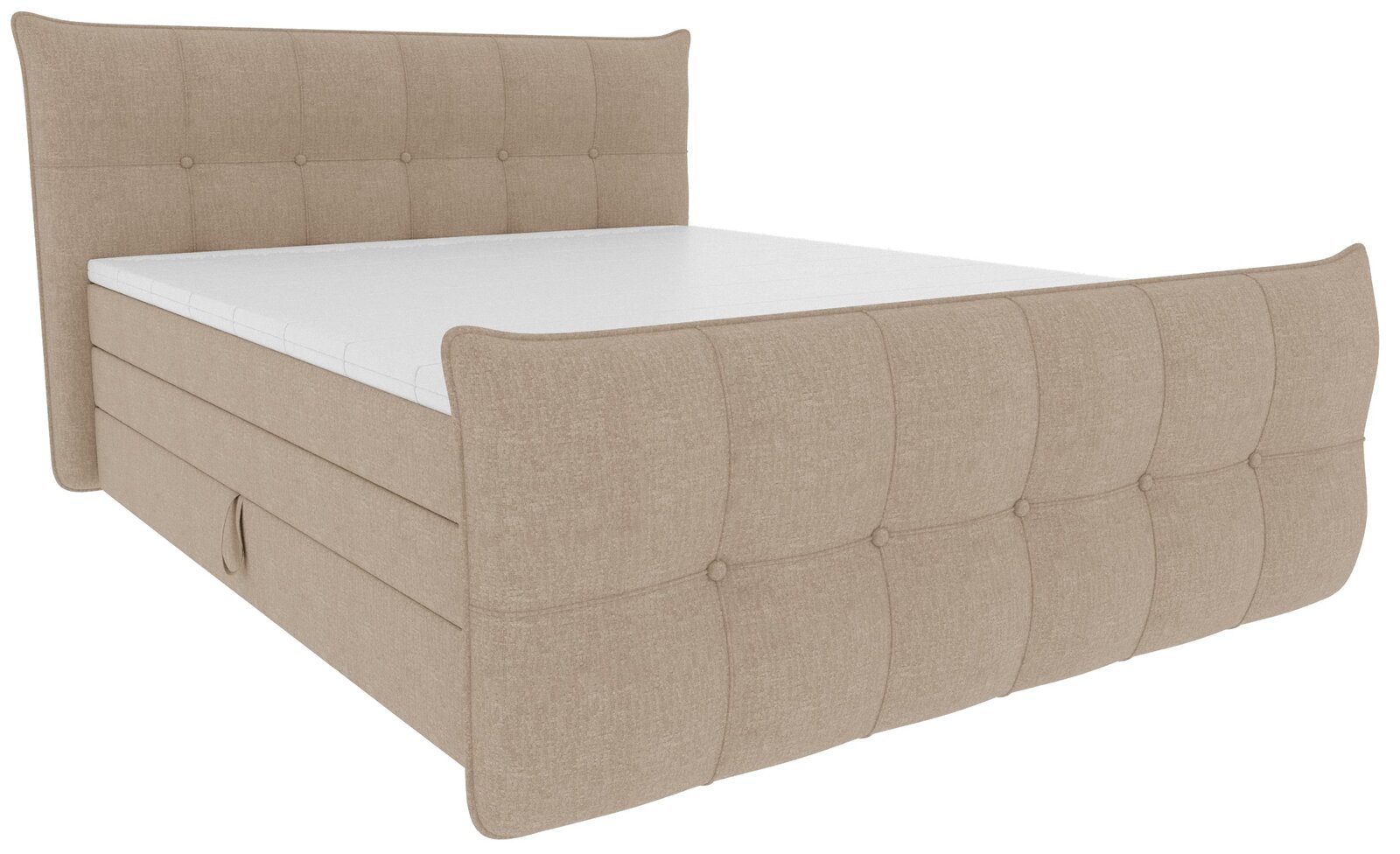 Beiges, gepolstertes Boxspringbett mit gesteppter Knopfheftung an Kopf- und Fußteil, mit weißer Matratzenauflage, in schräger Vorderansicht von rechts freigestellt auf weißem Hintergrund.