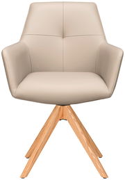 Moderner Armlehnstuhl mit beigem Polster und Holzbeinen, Frontalansicht