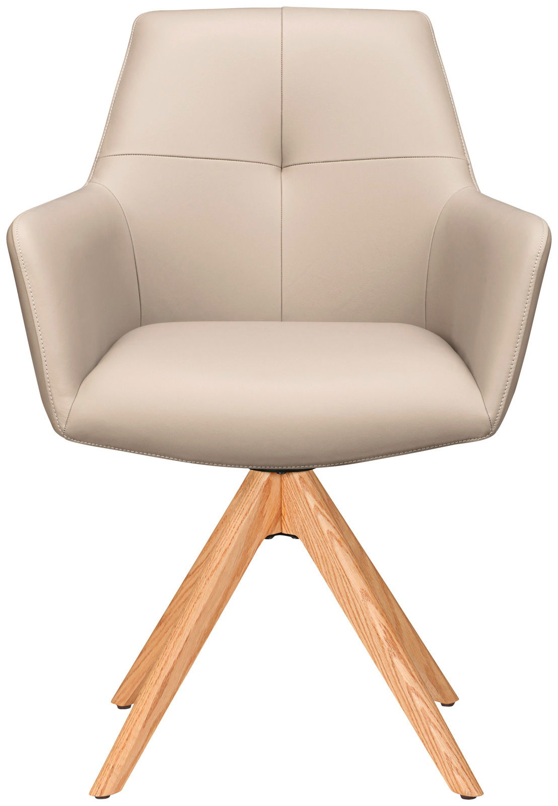 Moderner Armlehnstuhl mit beigem Polster und Holzbeinen, Frontalansicht