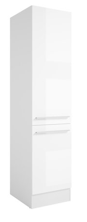 Weißer Vorratsschrank mit zwei Türen und modernen Griffen, seitliche Perspektive