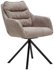 Beiger Armlehnstuhl mit gepolsterter Sitzfläche und Rückenlehne, auf schwarzem Metallgestell, seitliche Perspektive