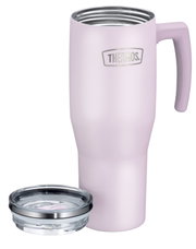 Lichtroze Thermos-isoleerbeker met handvat en transparant deksel, schuin van voren en licht van boven gezien