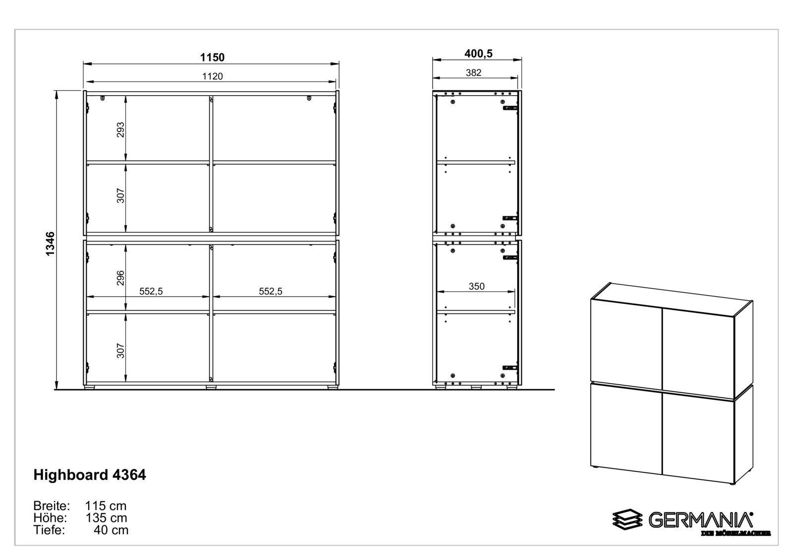 Technische Zeichnung eines Highboards mit den Maßen 115 cm Breite, 135 cm Höhe und 40 cm Tiefe. Frontale und seitliche Ansichten sind dargestellt.