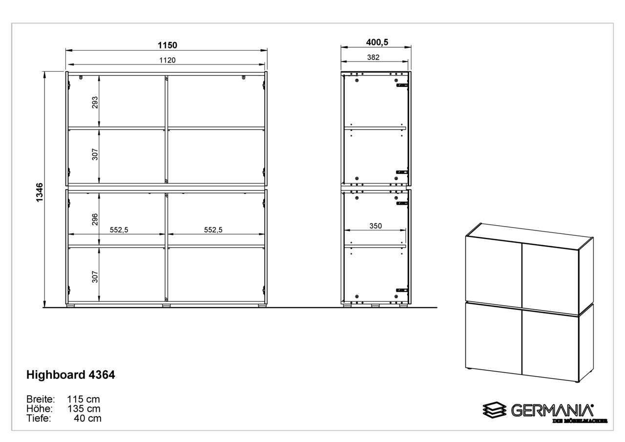 Technische Zeichnung eines Highboards mit den Maßen 115 cm Breite, 135 cm Höhe und 40 cm Tiefe. Frontale und seitliche Ansichten sind dargestellt.