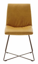 Moderner Stuhl mit senfgelbem Polster und Metallgestell, Frontalansicht
