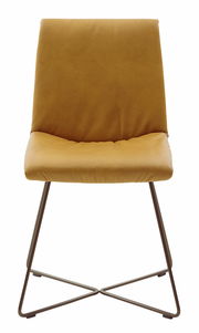 Moderner Stuhl mit senfgelbem Polster und Metallgestell, Frontalansicht