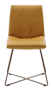 Moderner Stuhl mit senfgelbem Polster und Metallgestell, Frontalansicht