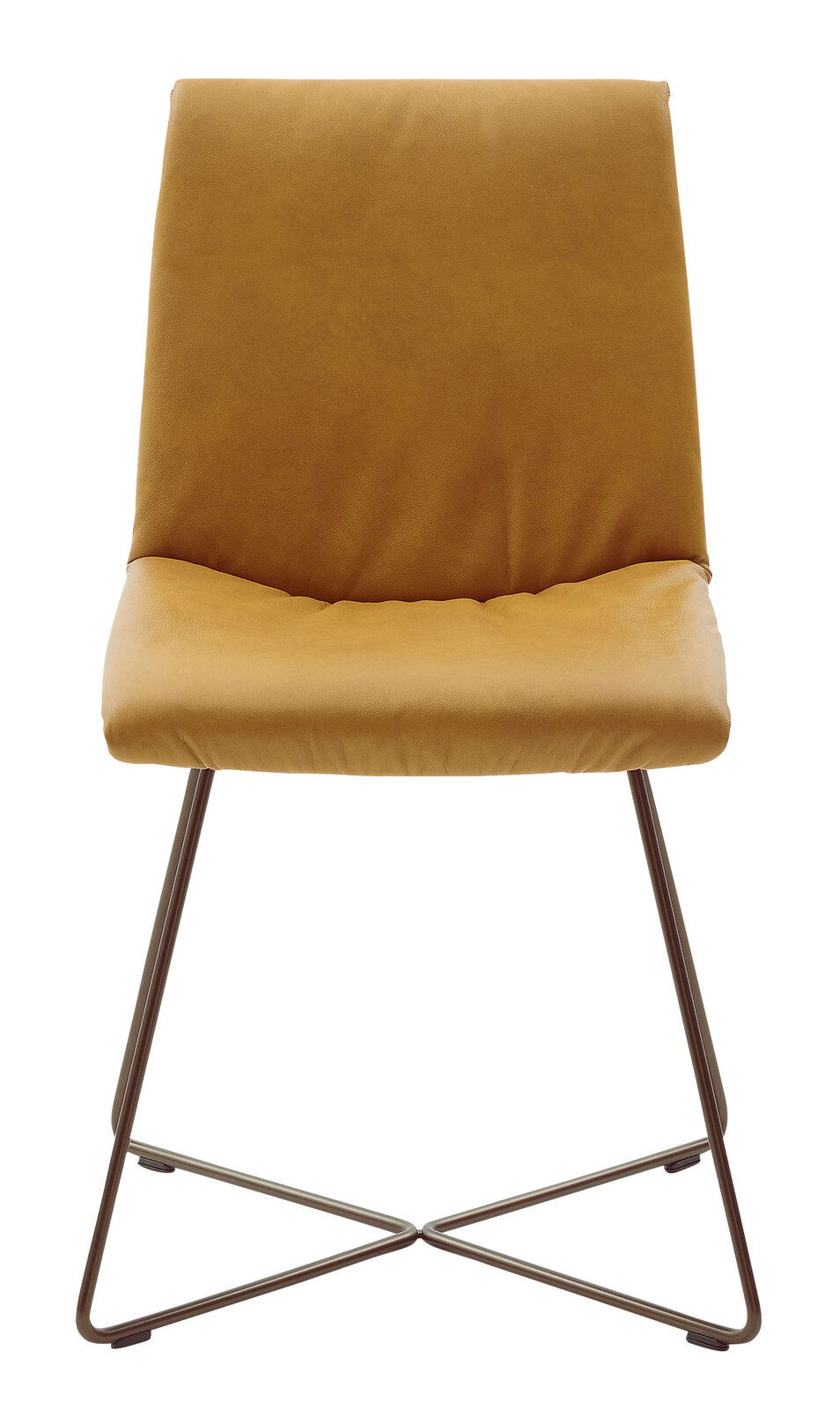 Moderner Stuhl mit senfgelbem Polster und Metallgestell, Frontalansicht