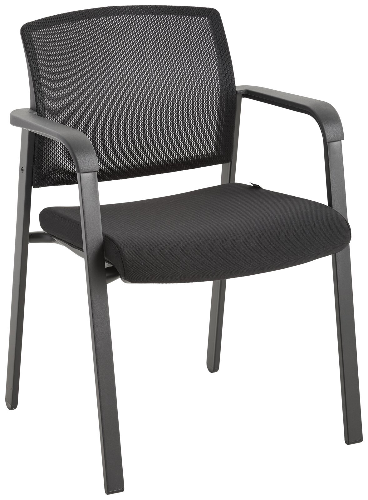Schwarzer Besucherstuhl mit Netzrückenlehne und gepolstertem Sitz, seitliche Perspektive