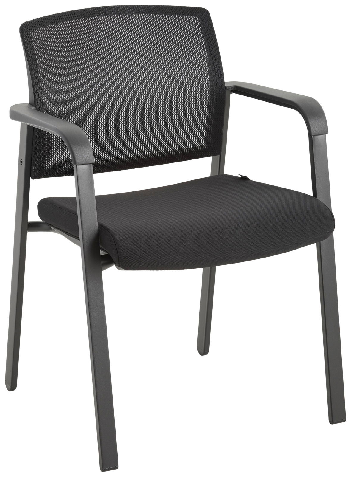 Schwarzer Besucherstuhl mit Netzrückenlehne und gepolstertem Sitz, seitliche Perspektive