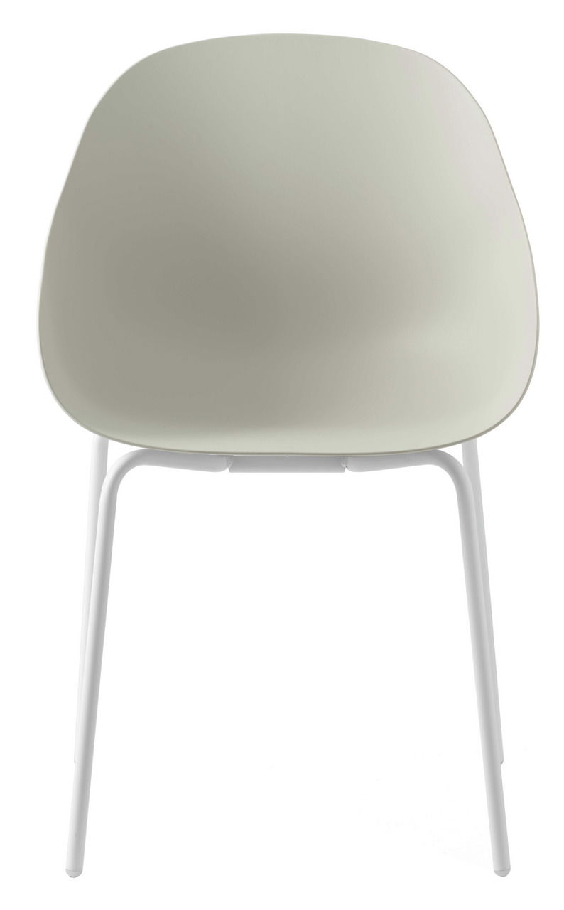 Moderner Stuhl mit weißem Gestell und beiger Sitzfläche, Frontalansicht