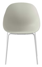 Moderner Stuhl mit weißem Gestell und beiger Sitzfläche, Frontalansicht