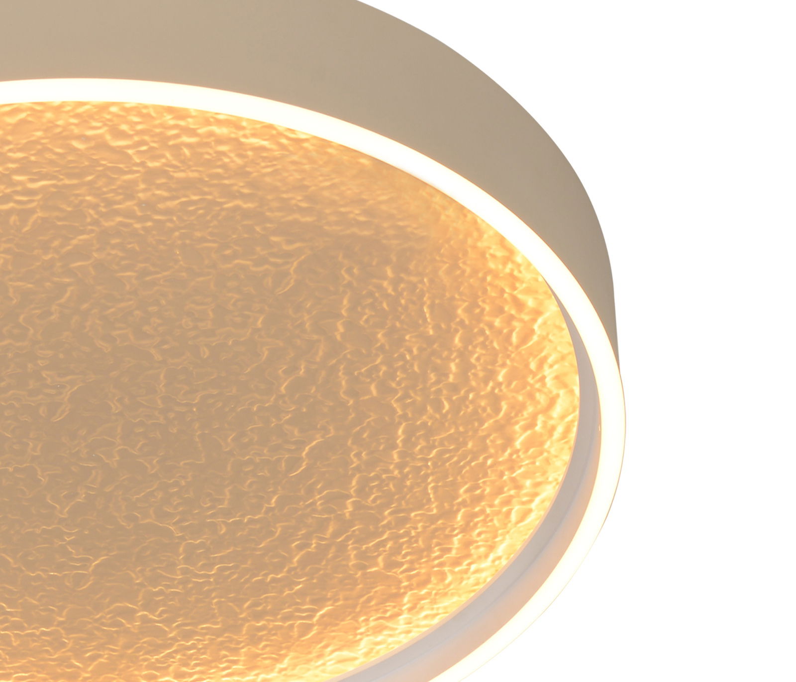 Runde LED-Deckenleuchte mit warmem, strukturiertem Licht, seitliche Perspektive