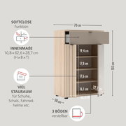 Schmaler Schuhschrank in Holzoptik mit grauer Schublade (Softclose) und offenen Fächern, Maßgrafik mit 70 cm Breite, 103 cm Höhe und 38 cm Tiefe, Frontansicht leicht schräg von vorn rechts