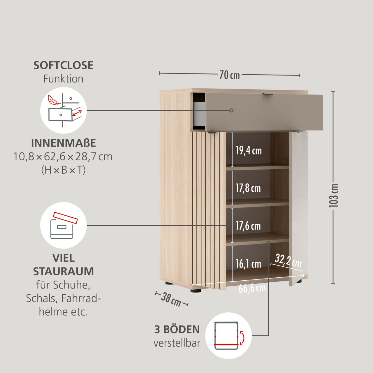 Schmaler Schuhschrank in Holzoptik mit grauer Schublade (Softclose) und offenen Fächern, Maßgrafik mit 70 cm Breite, 103 cm Höhe und 38 cm Tiefe, Frontansicht leicht schräg von vorn rechts