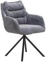 Grauer Armlehnstuhl mit gepolstertem Sitz und Rückenlehne, auf schwarzem Metallgestell, seitliche Perspektive