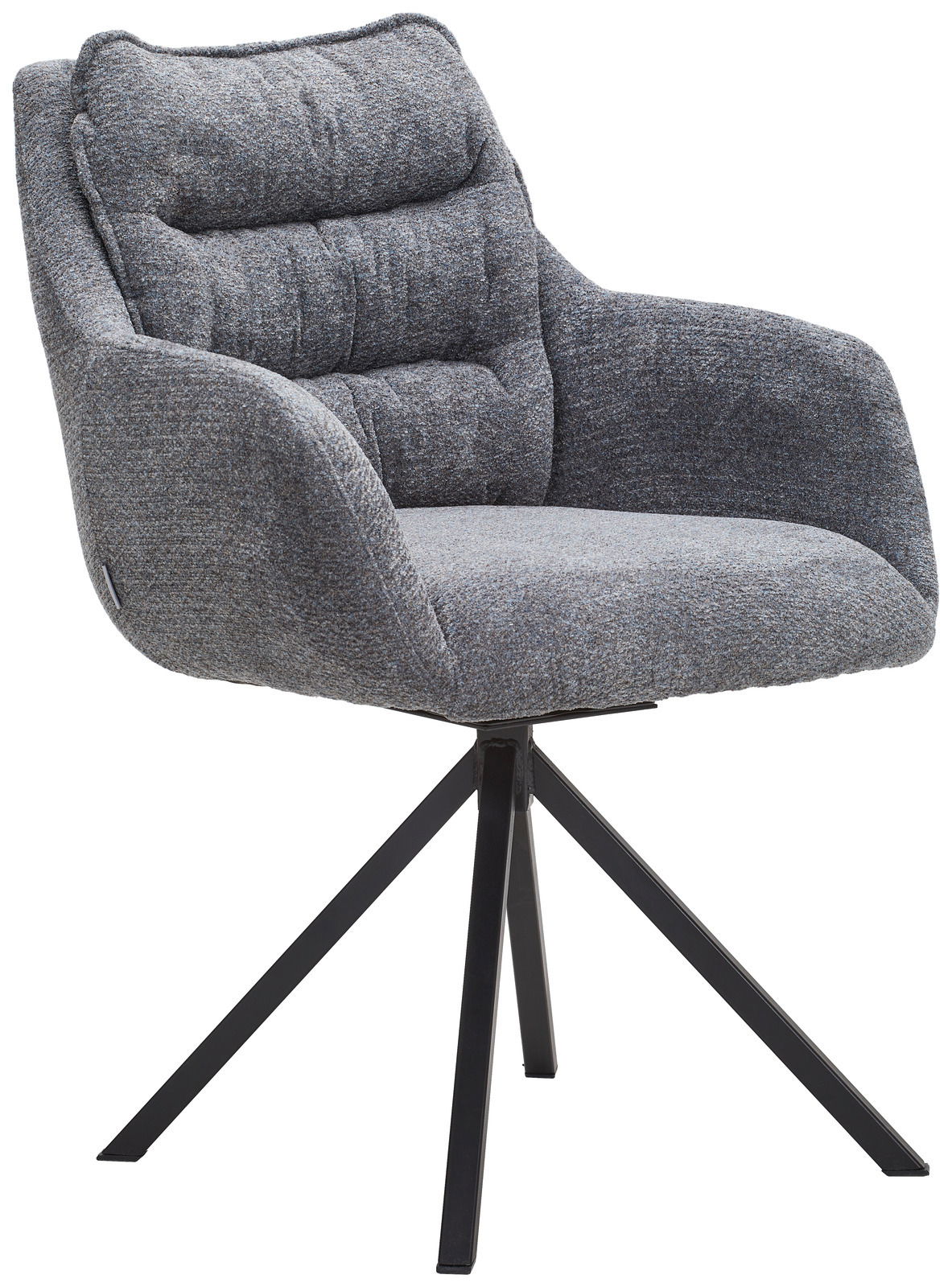 Grauer Armlehnstuhl mit gepolstertem Sitz und Rückenlehne, auf schwarzem Metallgestell, seitliche Perspektive