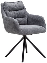 Grauer Armlehnstuhl mit gepolstertem Sitz und Rückenlehne, auf schwarzem Metallgestell, seitliche Perspektive