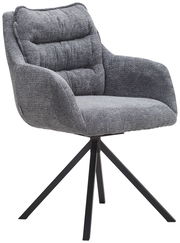 Grauer Armlehnstuhl mit gepolstertem Sitz und Rückenlehne, auf schwarzem Metallgestell, seitliche Perspektive