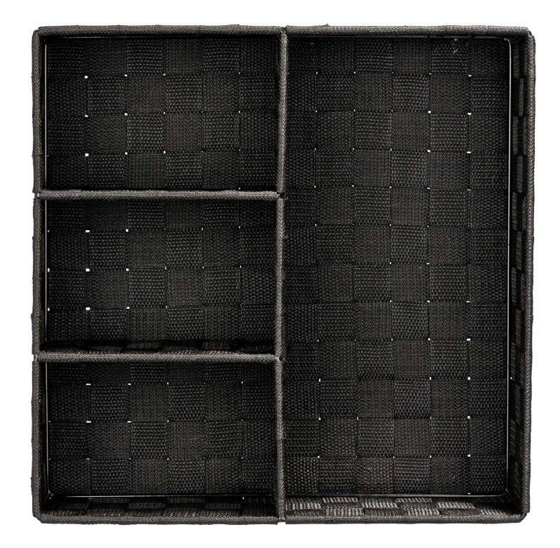 Vogelperspektive auf einen schwarzen Badorganizer mit vier Fächern, ideal zur Aufbewahrung von Badezimmerutensilien.