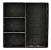 Vogelperspektive auf einen schwarzen Badorganizer mit vier Fächern, ideal zur Aufbewahrung von Badezimmerutensilien.