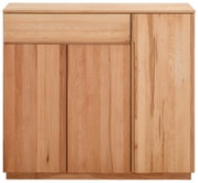 Vooraanzicht van een houten dressoir/commode in licht beukenhout met twee deuren en een lade bovenaan, minimalistisch design
