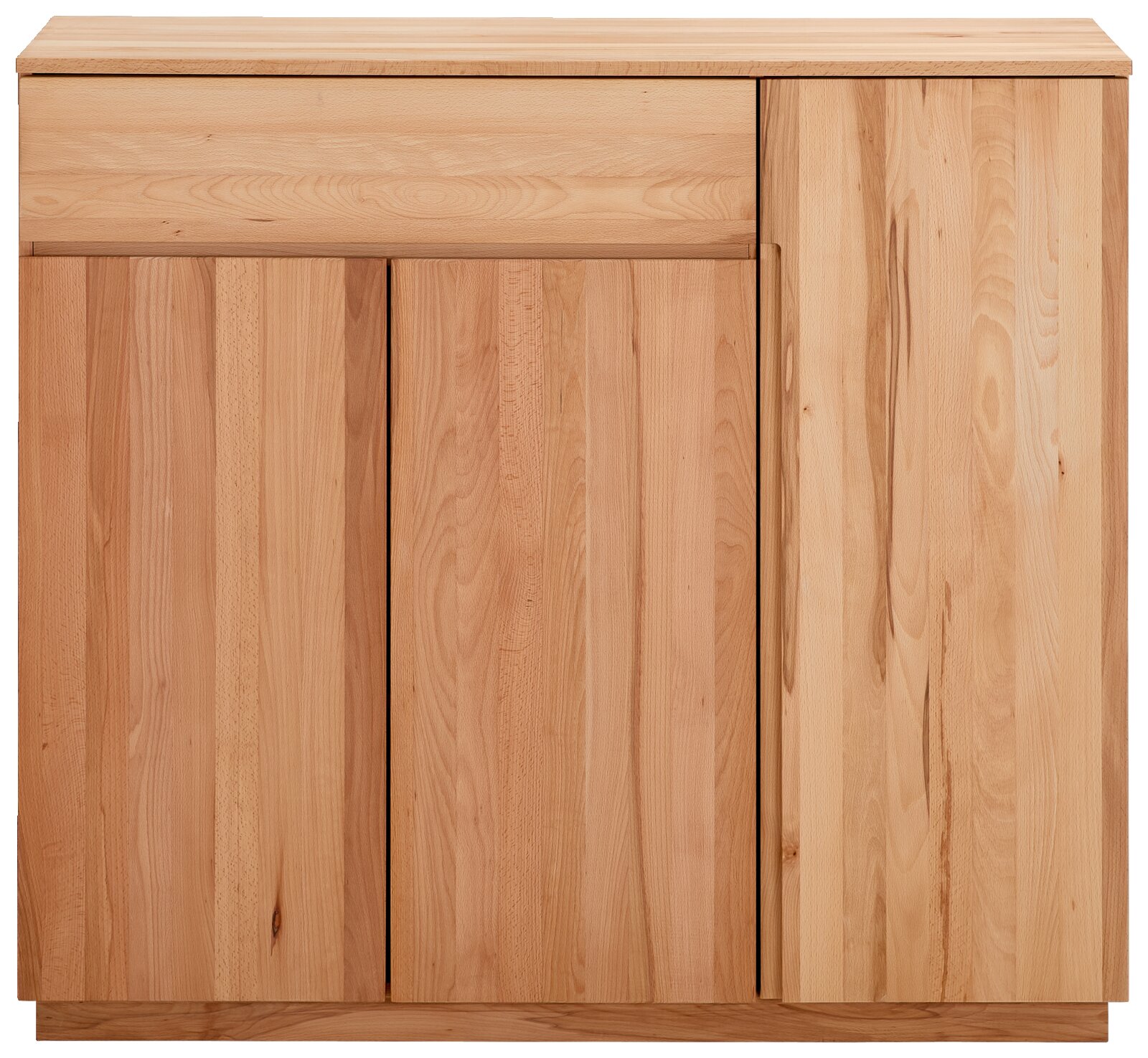 Vooraanzicht van een houten dressoir/commode in licht beukenhout met twee deuren en een lade bovenaan, minimalistisch design