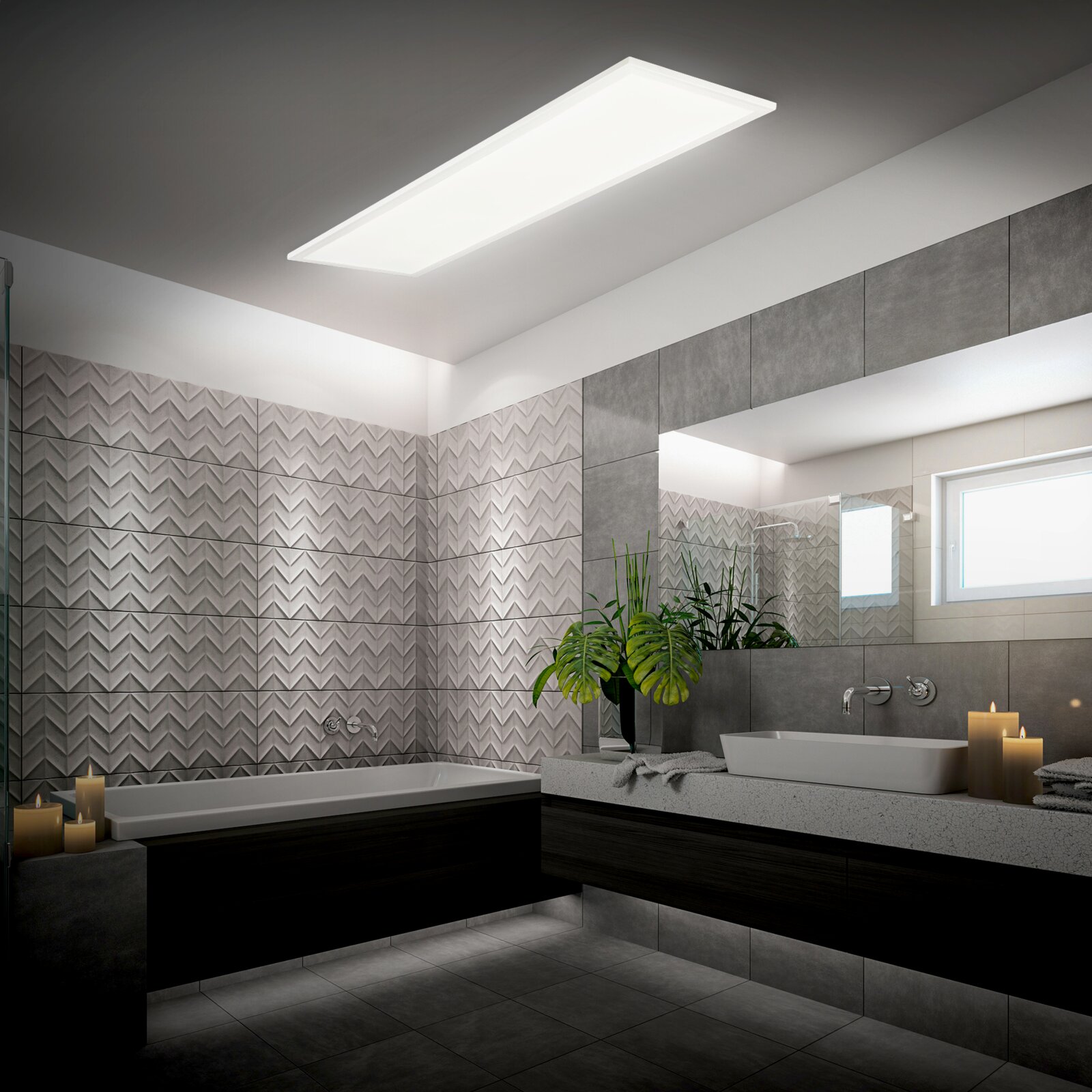 Rechthoekig LED plafondpaneel in een moderne badkamer, verlicht en gezien vanuit een lage hoek schuin omhoog (perspectief vanaf de wastafel richting plafond).