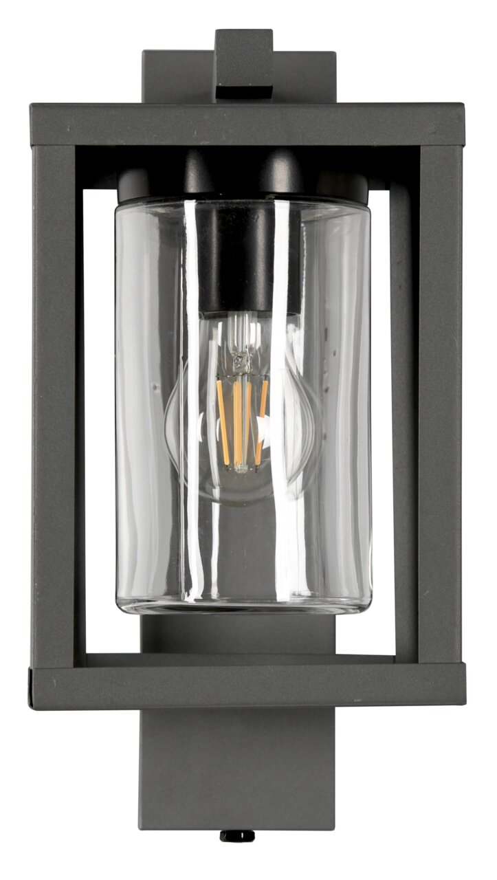 Moderne Außen-Wandleuchte LUNGA in rechteckigem Design, frontal abgebildet mit klarer Glasabdeckung und sichtbarer Glühbirne.