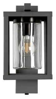 Moderne buitenwandlamp LUNGA in rechthoekig ontwerp, hier afgebeeld in vooraanzicht met een heldere glazen kap en zichtbare gloeilamp.