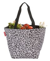 Leopardenmuster Shopper-Tasche mit schwarzen Henkeln, gefüllt mit frischem Gemüse, Vorderansicht