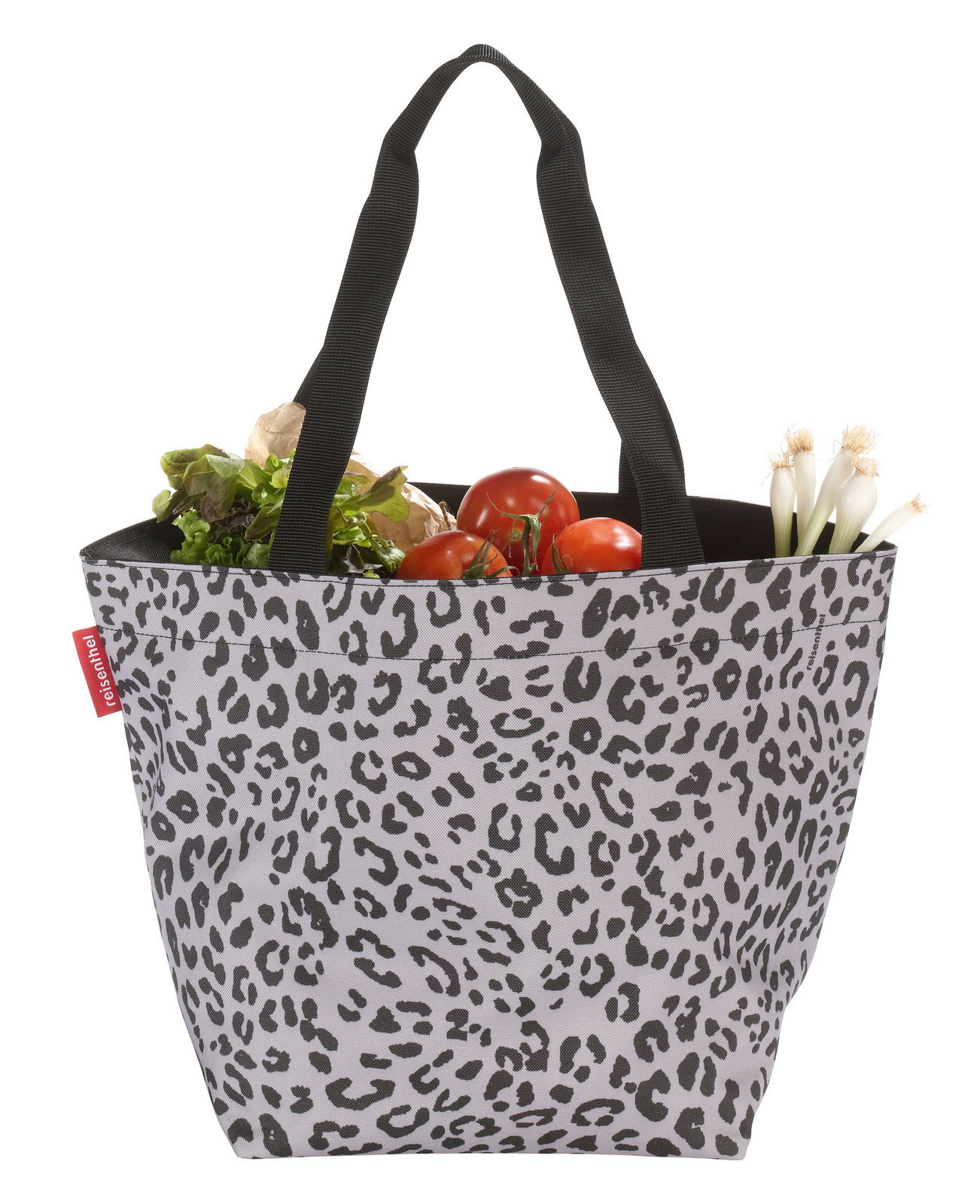 Leopardenmuster Shopper-Tasche mit schwarzen Henkeln, gefüllt mit frischem Gemüse, Vorderansicht